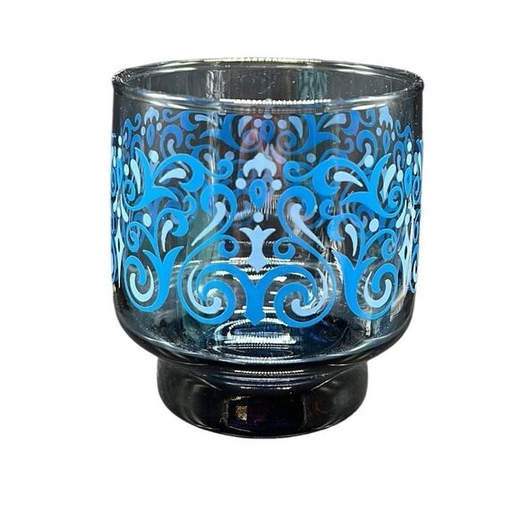 Libbey Glasses Lowball Set of Four Blue Footed Scrolled Pattern Vintage MCM - Picture 2 of 8